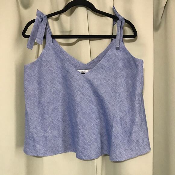 Zara Basic Z1975 Denim Tie Strap Linen Blend Blouse - Picture 1 of 4
